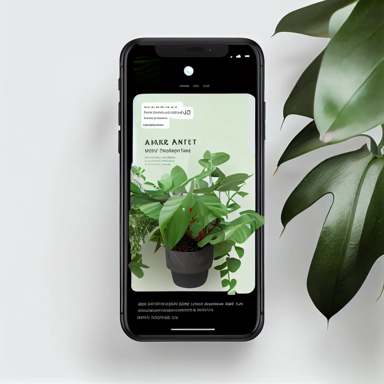 photography of an iphone [with a modern user interface plant identification app on the screen] inspired by Behance and Figma and dribbble